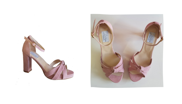 pink party shoe with heel and front straps tied at the ankle.