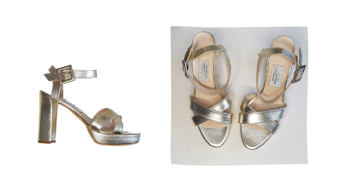party shoe in champagne color with thick heel and straps