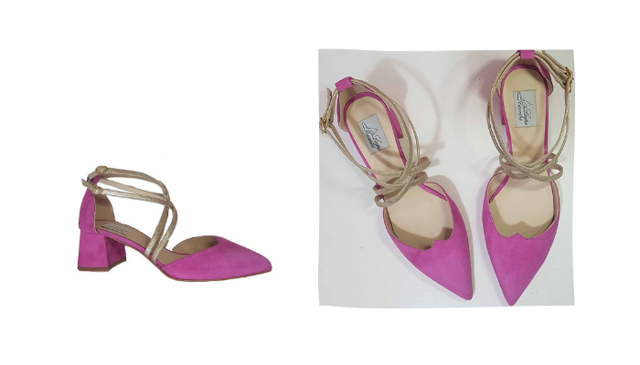 party shoe in fuchsia pink with low heel and golden straps.