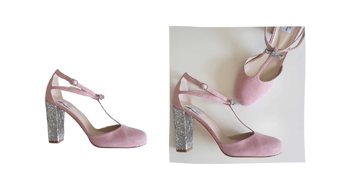 pink suede shoe with thick glitter heel and glitter bow at the front