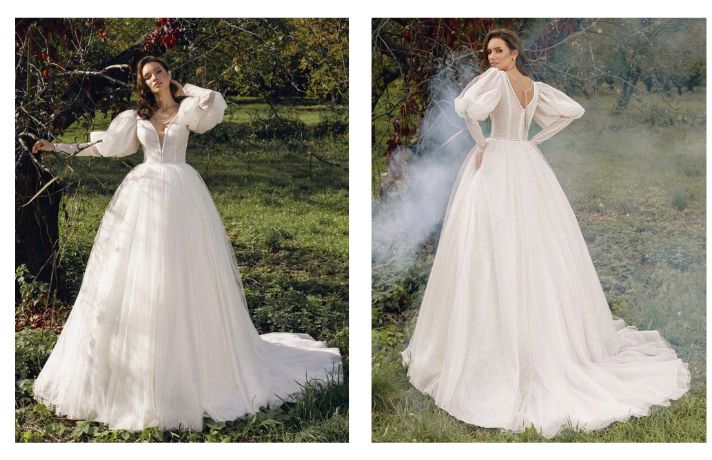 Puffed sleeve wedding dress with tulle skirt