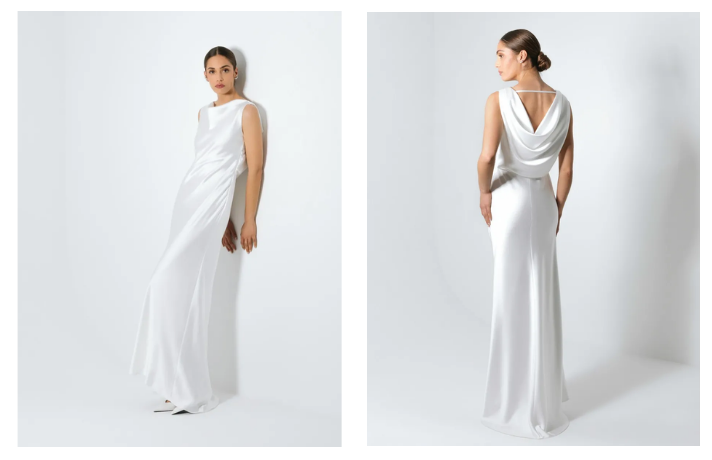  Long wedding dress with draped back and skirt with train.