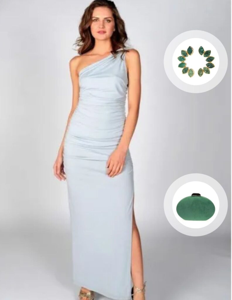 Pearl grey party dress with asymmetric neckline by Revie London in INVITADISIMA.