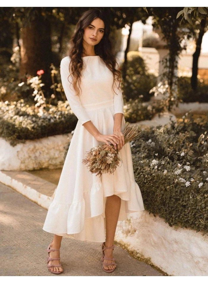vestido de novia coctel con falda evase y espalda descubierta miphai