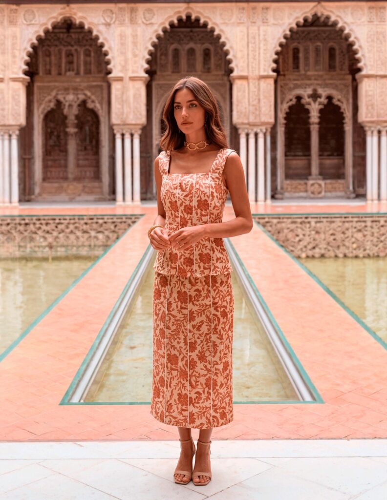 conjunto de invitada estampado en tonos terracota con flores