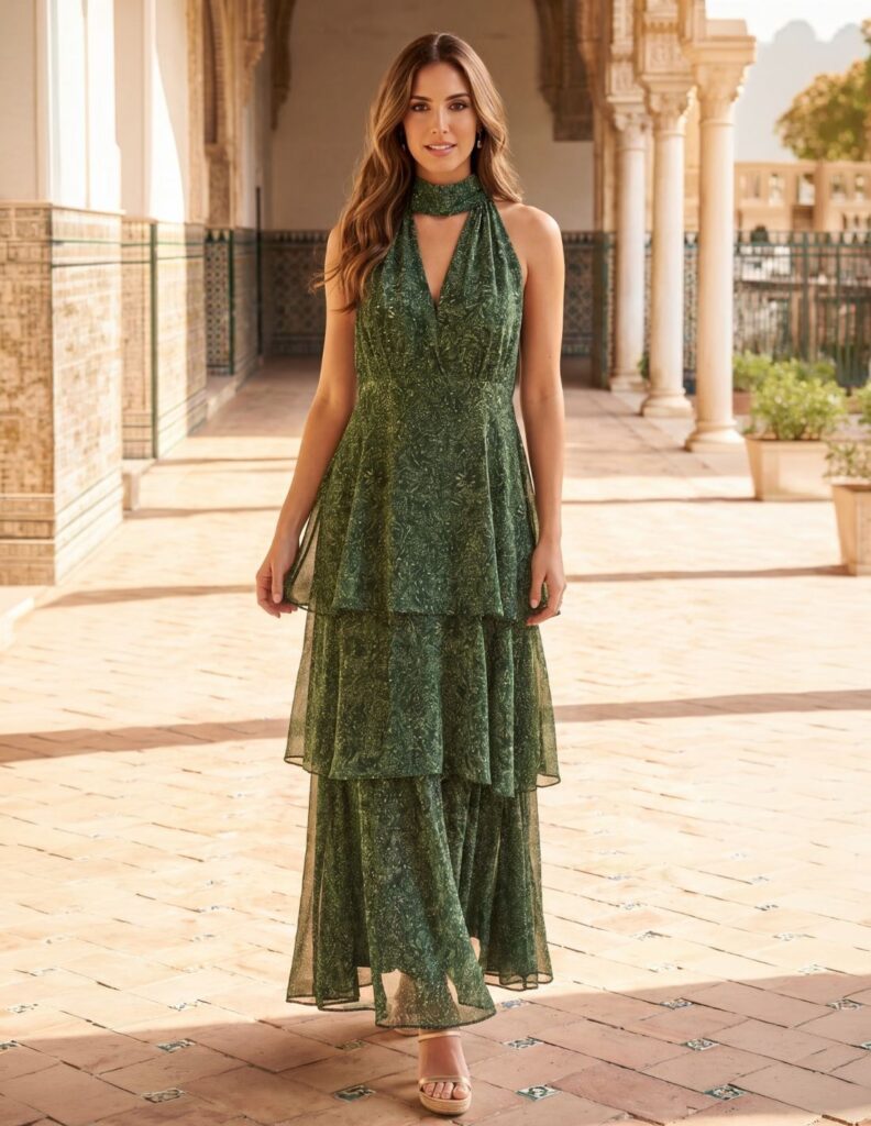 vestido midi estampado verde fluido con volantes para invitada