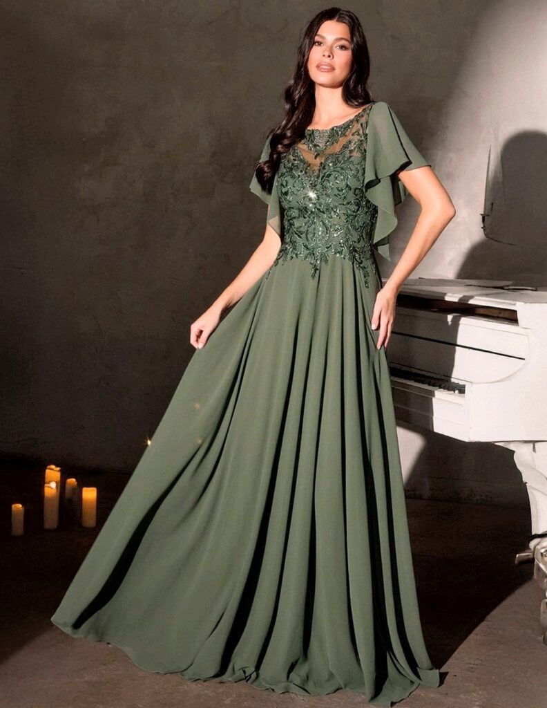 vestido de fiesta largo con cuerpo de pedreria y manga en cascada